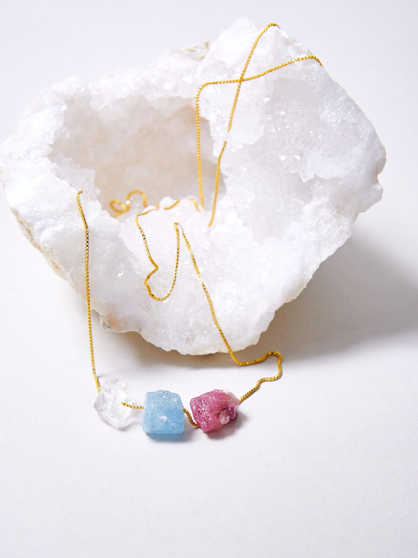 Aquamarin, Bergkristall, Pink Turmalin Kette - BLOOM